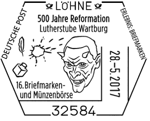 Tintenfass mit Schreibfeder, Tintenfleck, Teufelsgesicht, 28.05.2017 BRD " 500 Jahre Reformation - Luther" Sonderstempel L&ouml;hne, Stempellnummer 09/108, Luther Briefmarken